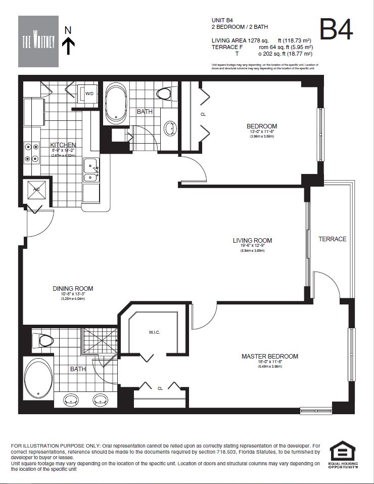 Floor plan for 2 beds, 2 baths, 1278 sqft